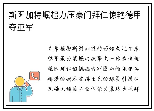斯图加特崛起力压豪门拜仁惊艳德甲夺亚军 斯图加特崛起力压豪门拜仁惊艳德甲夺亚军